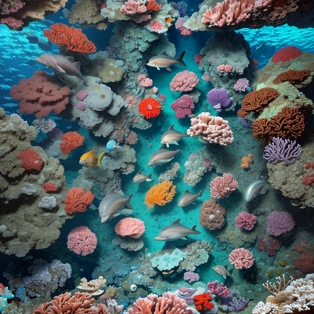  masterpiece, best quality, beautiful deep sea full of corals, diverse marine life and fascinating underwater landscapes with corals, appendages, small fish, anemones, dolphins, various algae, caves, colorful, 8k resolution and intricate detail