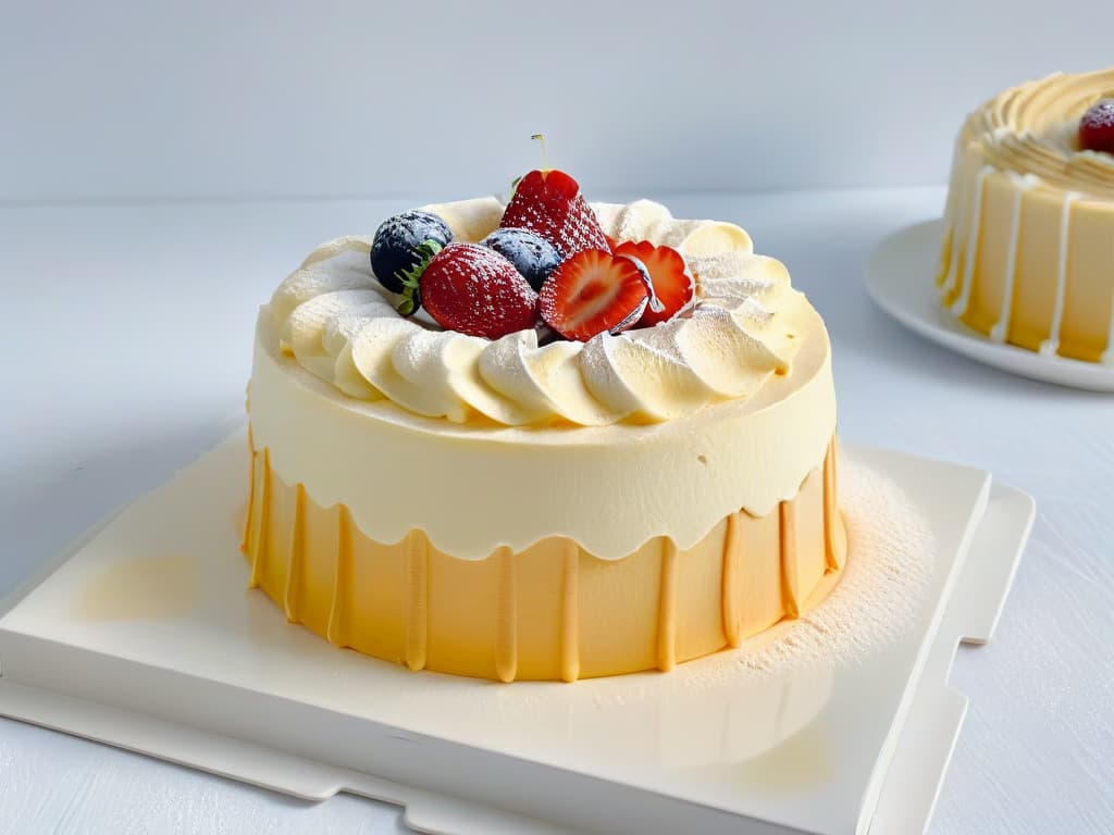  A minimalistic, ultradetailed image of a freshly baked tres leches cake resting on a pristine white porcelain cake stand. The cake is perfectly moist, with a light golden hue on the edges, and topped with a delicate dusting of cinnamon. Three layers of sponge soaked in three types of milk are visible, creating a glossy finish that glistens under a soft, natural light. The background is a subtle gradient from white to a pale cream, enhancing the simplicity and elegance of the cake's presentation. hyperrealistic, full body, detailed clothing, highly detailed, cinematic lighting, stunningly beautiful, intricate, sharp focus, f/1. 8, 85mm, (centered image composition), (professionally color graded), ((bright soft diffused light)), volumetric fog, trending on instagram, trending on tumblr, HDR 4K, 8K