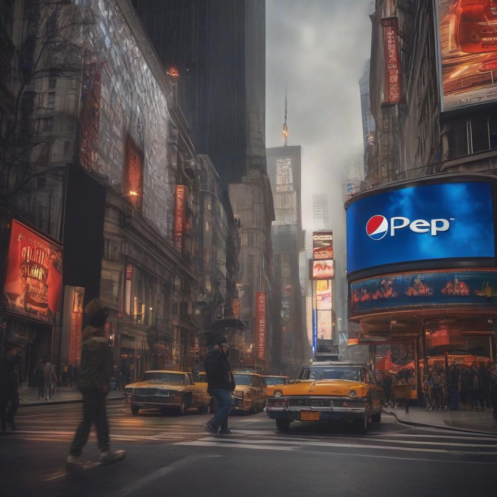  New York, "Pepsi Generation" title on the advertising banner in the street hyperrealistic, full body, detailed clothing, highly detailed, cinematic lighting, stunningly beautiful, intricate, sharp focus, f/1. 8, 85mm, (centered image composition), (professionally color graded), ((bright soft diffused light)), volumetric fog, trending on instagram, trending on tumblr, HDR 4K, 8K