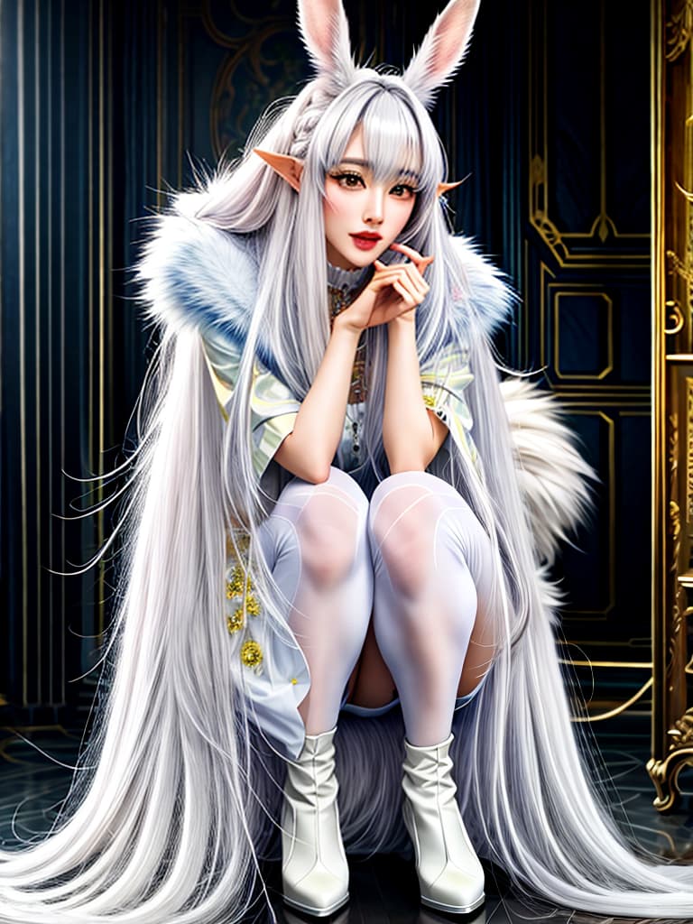   ,best quality,best quality,official art,extremely detailed CG unity 8k wallpaper,long hair,absurdly long hair,adorable ,vampire,masterpiece, white hair,hime cut,parted bangs,drill hair,messy hair, hair,blush,yellow eyes,nose blush,drooling,heavy breathing,saliva trail,drunk,,Sukumizu, legwear,rabbit ears,pointy ears,A old  hyperrealistic, full body, detailed clothing, highly detailed, cinematic lighting, stunningly beautiful, intricate, sharp focus, f/1. 8, 85mm, (centered image composition), (professionally color graded), ((bright soft diffused light)), volumetric fog, trending on instagram, trending on tumblr, HDR 4K, 8K