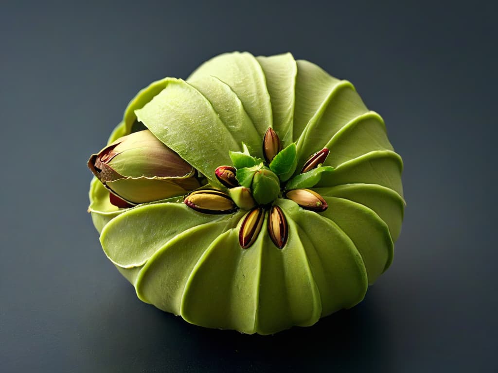  An ultradetailed closeup image of a perfectly cracked open pistachio nut, showcasing the vibrant green kernel nestled inside its shell. The intricate details of the ridges and textures on both the shell and the nut are visible, highlighting the freshness and quality of Iranian pistachios. The contrasting colors of the light brown shell and the lush green nut create a visually striking and appetizing image, perfect for capturing the essence of Iranian pistachios as a luxurious and flavorful ingredient in creative pastry making. hyperrealistic, full body, detailed clothing, highly detailed, cinematic lighting, stunningly beautiful, intricate, sharp focus, f/1. 8, 85mm, (centered image composition), (professionally color graded), ((bright soft diffused light)), volumetric fog, trending on instagram, trending on tumblr, HDR 4K, 8K