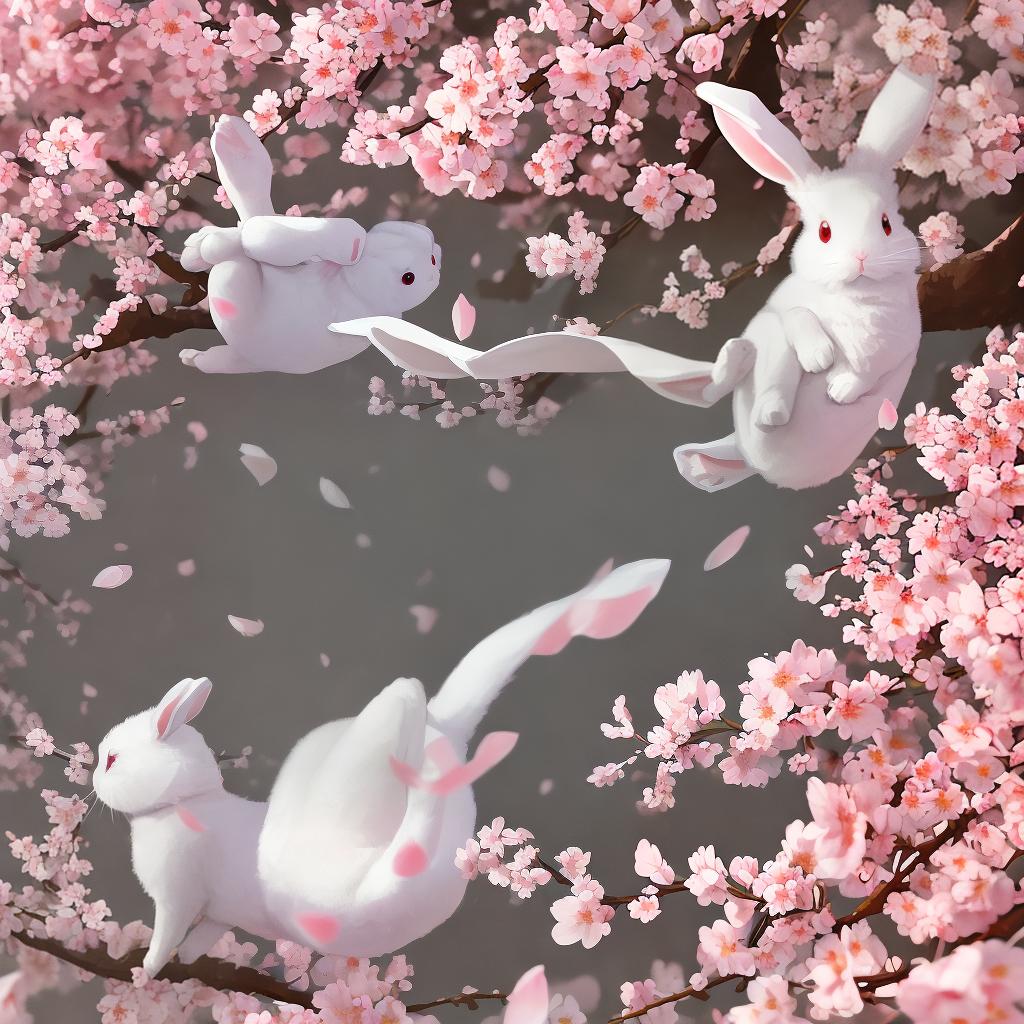  masterpiece, best quality, (masterpiece, best quality, high quality, high resolution, ultra-detailed), a sweet, cute, white rabbit, red eyes, (looking away:1.2), (beautiful natural background) ,(cherry blossoms), (falling petals)