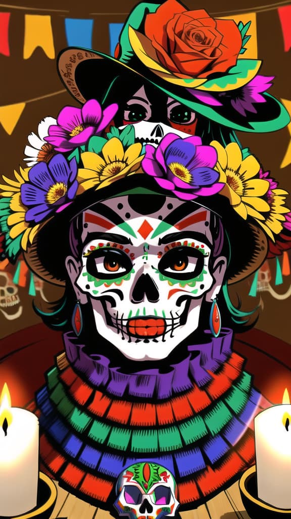  day of the dead, dia de los muertos, (sombrero hat), masterpiece, best quality, skull, (Mexican culture), traditional, celebration, festive, colorful, (Mexican festival paint), flowers, altar, candles, skeleton, spirits, Mexican holiday, vibrant, decorative, papel picado, festive makeup, cultural heritage, folk art, macabre, festive atmosphere