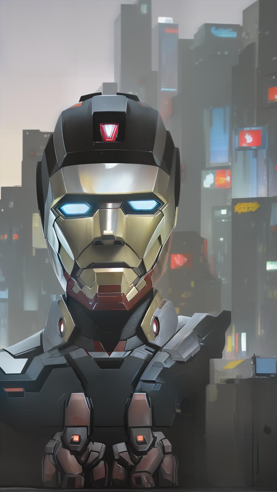  masterpiece, best quality, Best quality, masterpiece, 8k resolution, realistic, highly detailed, close up of Iron Man. In a cyberpunk style night scene of the city, he stands on a street lined with tall buildings. The city's night lights are bright, The surrounding buildings and streets are filled with cyberpunk elements such as neon lights, high tech devices, and futuristic architectural designs.