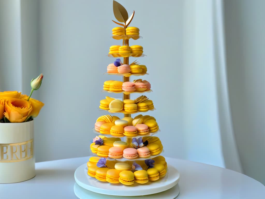  An ultradetailed closeup image of a perfectly crafted, intricately designed macaron tower, showcasing a variety of pastelcolored macarons with delicate decorations like edible gold leaf, edible flowers, and intricate piped designs. Each macaron is flawlessly smooth and glossy, placed in a precise arrangement that highlights the elegance and artistry of this trendy dessert. The background is a soft focus to ensure the viewer's full attention is drawn to the exquisite details of the macarons, emphasizing the precision and skill required to create such a visually stunning and delectable treat. hyperrealistic, full body, detailed clothing, highly detailed, cinematic lighting, stunningly beautiful, intricate, sharp focus, f/1. 8, 85mm, (centered image composition), (professionally color graded), ((bright soft diffused light)), volumetric fog, trending on instagram, trending on tumblr, HDR 4K, 8K