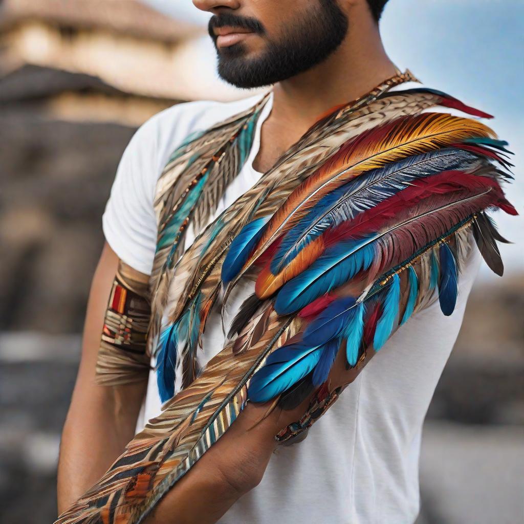  masterpiece, best quality, Starting from the elbow, the sleeve features a vibrant array of feathers cascading down the arm, each feather intricately detailed with patterns and colors. These feathers represent freedom, spirituality, and the journey of life. As the feathers reach the shoulder, they gradually transform into larger, more majestic feathers, symbolizing growth and strength