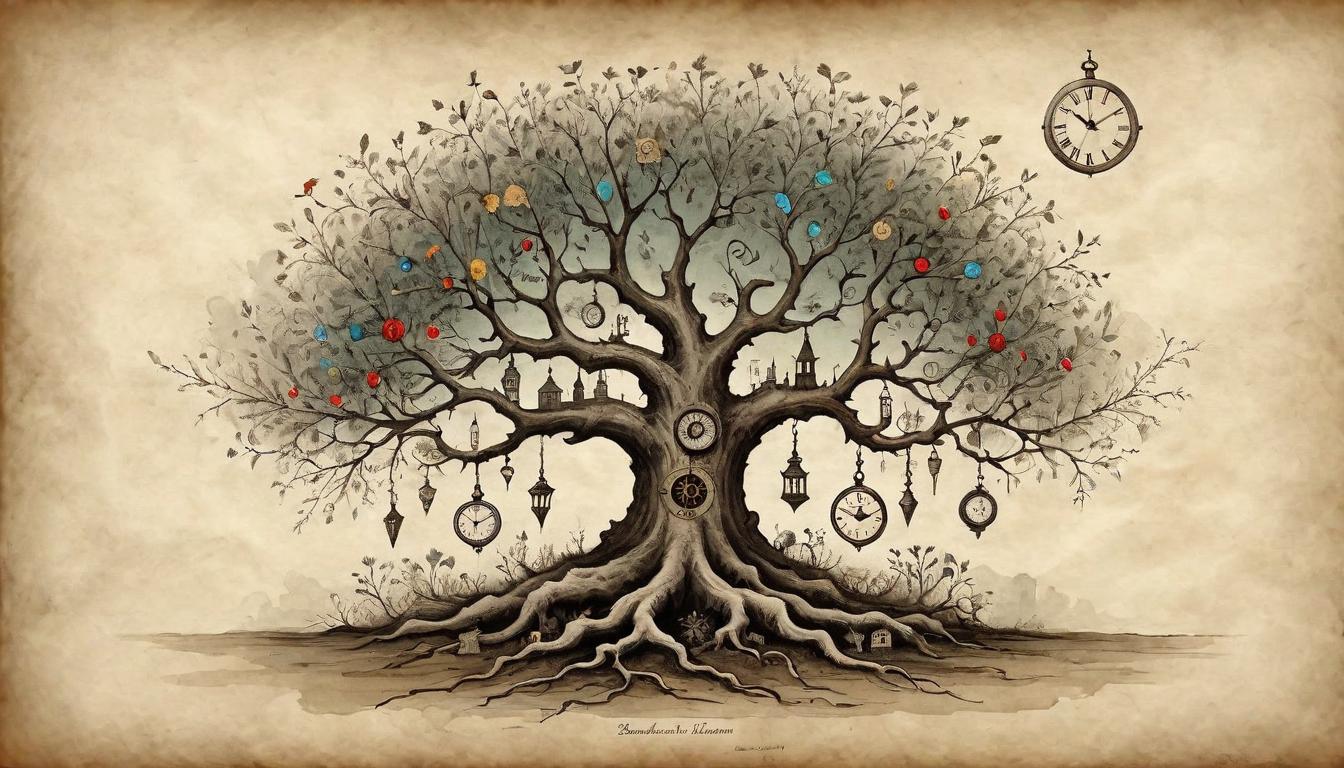  on parchment, surrealism+++, A barren tree amidst flourishing ones, its roots entangled with dismantled clockworks, symbol of disrupted growth, isolation(mysterious, provocative, symbolic,muted color)+++