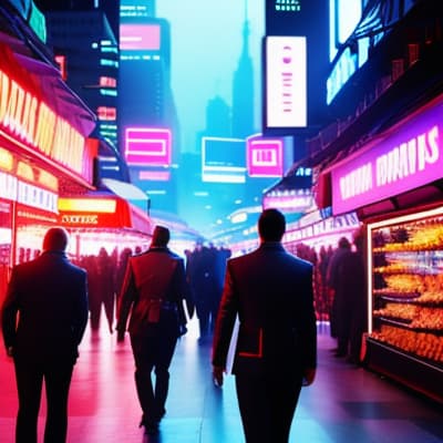  Show a bustling market in a cyberpunk city with neon lights and holograms. hyperrealistic, full body, detailed clothing, highly detailed, cinematic lighting, stunningly beautiful, intricate, sharp focus, f/1. 8, 85mm, (centered image composition), (professionally color graded), ((bright soft diffused light)), volumetric fog, trending on instagram, trending on tumblr, HDR 4K, 8K