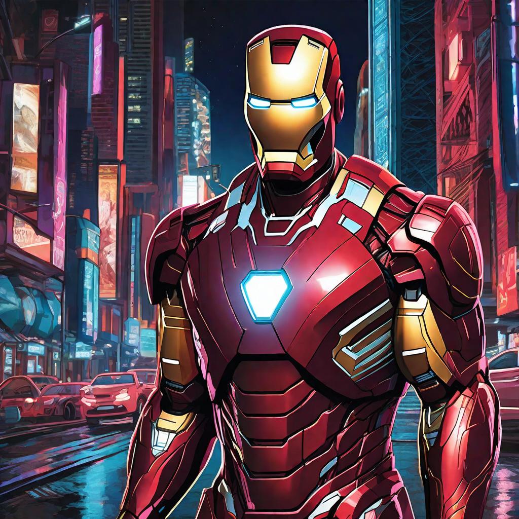  masterpiece, best quality, Best quality, masterpiece, 8k resolution, realistic, highly detailed, close up of Iron Man. In a cyberpunk-style night scene of the city, he stands on a street lined with tall buildings. The city's night lights are bright, The surrounding buildings and streets are filled with cyberpunk elements such as neon lights, high-tech devices, and futuristic architectural designs.