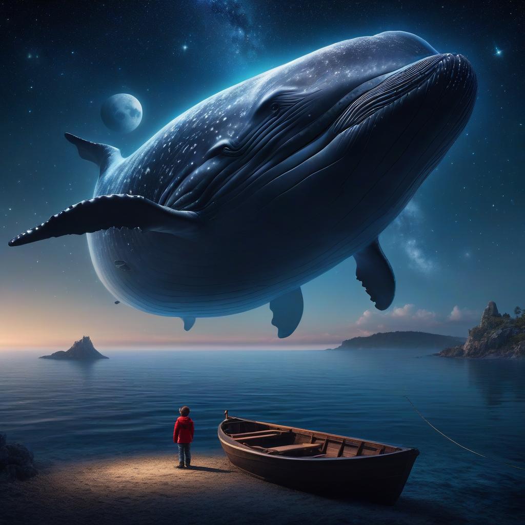  A small boy in a boat facing a huge whale, who is looking at the boy with his huge eye. Starry sky, sea. Cosmos. Many stars. Fairytale. Fairytale style. hyperrealistic, full body, detailed clothing, highly detailed, cinematic lighting, stunningly beautiful, intricate, sharp focus, f/1. 8, 85mm, (centered image composition), (professionally color graded), ((bright soft diffused light)), volumetric fog, trending on instagram, trending on tumblr, HDR 4K, 8K