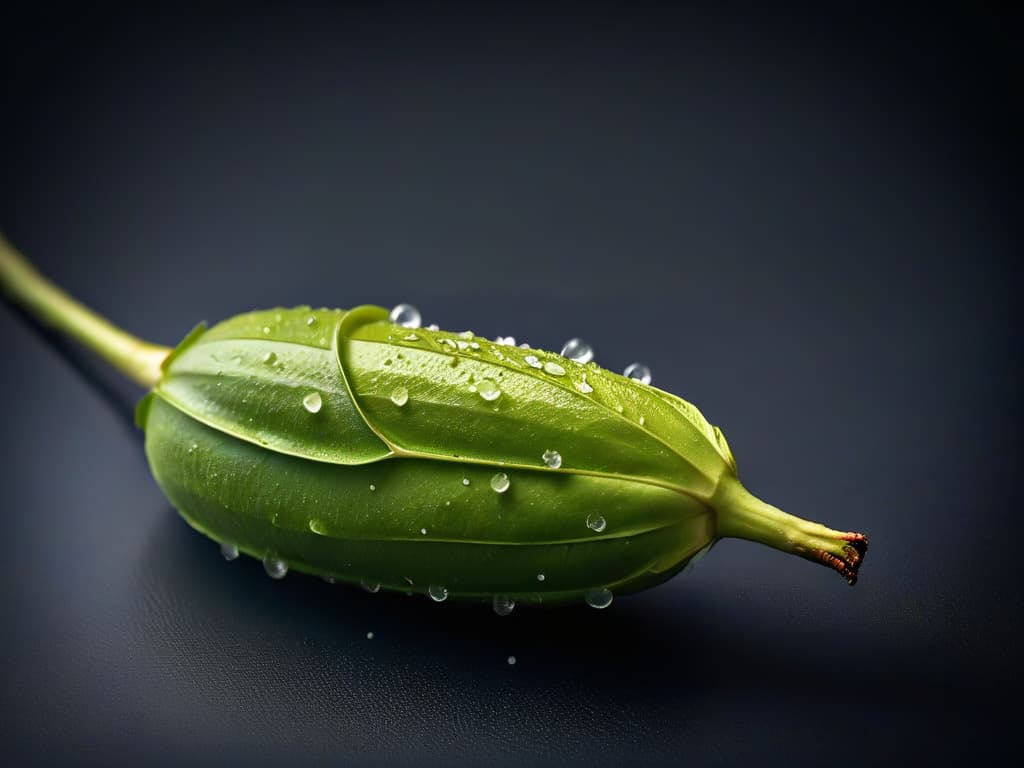  An ultradetailed closeup image of a split vanilla bean pod against a sleek, black background. The intricate texture of the vanilla pod is highlighted, showcasing its glossy sheen and tiny seeds spilling out. The lighting is artfully arranged to create a dramatic contrast, emphasizing the natural beauty and aroma of pure vanilla. hyperrealistic, full body, detailed clothing, highly detailed, cinematic lighting, stunningly beautiful, intricate, sharp focus, f/1. 8, 85mm, (centered image composition), (professionally color graded), ((bright soft diffused light)), volumetric fog, trending on instagram, trending on tumblr, HDR 4K, 8K