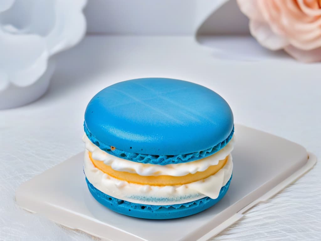  An ultradetailed closeup image of a delicate French macaron, showcasing its perfectly smooth surface, vibrant color, and exquisite detail of the filling oozing out slightly from the center. The image captures the meticulous craftsmanship and artistry involved in pastry making, highlighting the precision and skill required in the world of online pastry certifications. hyperrealistic, full body, detailed clothing, highly detailed, cinematic lighting, stunningly beautiful, intricate, sharp focus, f/1. 8, 85mm, (centered image composition), (professionally color graded), ((bright soft diffused light)), volumetric fog, trending on instagram, trending on tumblr, HDR 4K, 8K