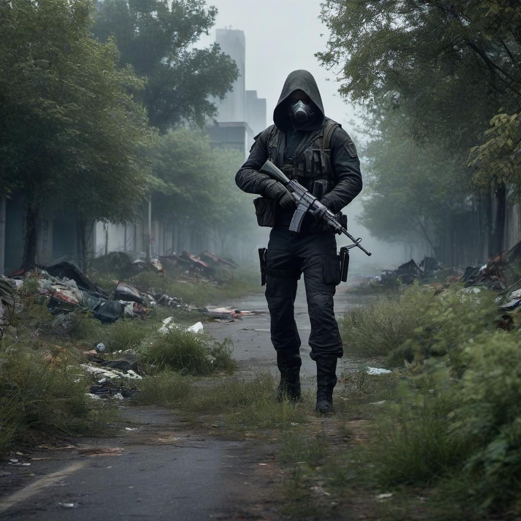  The stalker is wearing a dark jacket with a hood and half mask respirator. On his chest and shoulders, he has tactical gear. In his hands, he holds an AK 74 with a rolled up magazine sleeve. He stands in the middle of the street, slightly turning his head to the right, as if listening to something. A light mist covers the street, creating a gloomy atmosphere. Light pierces through the clouds, illuminating the gray green scene. On the ground are debris, trash, and overgrown bushes, showing the abandoned state of the "S.T.A.L.K.E.R." world. hyperrealistic, full body, detailed clothing, highly detailed, cinematic lighting, stunningly beautiful, intricate, sharp focus, f/1. 8, 85mm, (centered image composition), (professionally color graded), ((bright soft diffused light)), volumetric fog, trending on instagram, trending on tumblr, HDR 4K, 8K