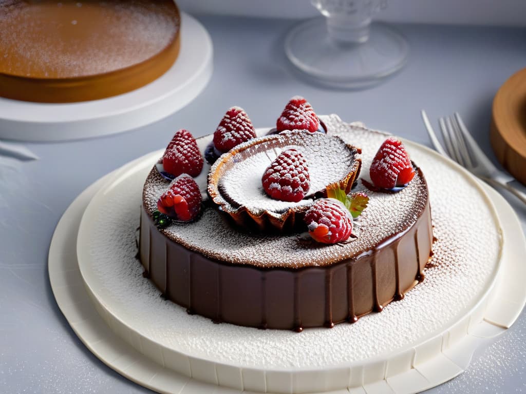  A highresolution closeup image of a decadent gourmet chocolate tart garnished with fresh raspberries and a dusting of powdered sugar on a sleek white plate, set against a simple, elegant background. The rich, glossy texture of the chocolate filling contrasts beautifully with the vibrant red raspberries, creating a visually striking and mouthwatering composition that exudes sophistication and indulgence. This minimalistic image perfectly captures the essence of gourmet dessert presentation, inviting the viewer to explore the world of exquisite tart recipes and secret techniques. hyperrealistic, full body, detailed clothing, highly detailed, cinematic lighting, stunningly beautiful, intricate, sharp focus, f/1. 8, 85mm, (centered image composition), (professionally color graded), ((bright soft diffused light)), volumetric fog, trending on instagram, trending on tumblr, HDR 4K, 8K