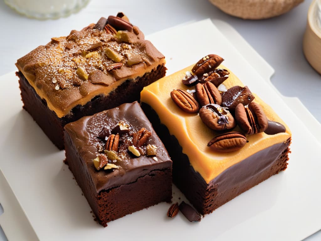  A closeup, ultradetailed image of a freshly baked batch of sweet potato brownies, showcasing the rich, gooey texture of the brownie with chunks of sweet potato peeking through, topped with a sprinkle of cocoa powder and a few pecan halves for garnish. The dark, glossy surface of the brownie reflects the soft, natural light coming from a nearby window, emphasizing the inviting warmth and comforting appeal of the treat. hyperrealistic, full body, detailed clothing, highly detailed, cinematic lighting, stunningly beautiful, intricate, sharp focus, f/1. 8, 85mm, (centered image composition), (professionally color graded), ((bright soft diffused light)), volumetric fog, trending on instagram, trending on tumblr, HDR 4K, 8K