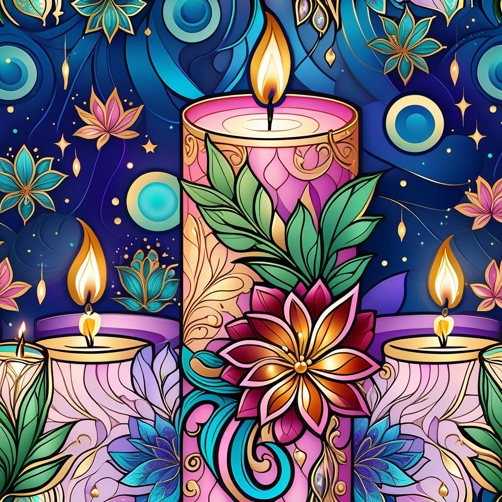  fairy tale (Background):Dark blue night sky. In the sky turquoise golden stars and emerald fireworks. There are three candles on the background of the night sky. In the centre one is tall, on the sides wide and lower. (First candle decor)::pink framed with gold patterns and swirls of drops. In the middle of the candle is a flower bud and stem with emerald coloured leaves. Under the flower the candle is tied with a ribbon of blue blue colour. (Second and third candle decor):purple colour, framed with golden drops. In the middle is a purple coloured flower bud and stems with emerald coloured leaves. Zentangle have the signature uneven edge and rounded corners. The original tiles are in the form of geometric shapes: square, triangle, rectangle hyperrealistic, full body, detailed clothing, highly detailed, cinematic lighting, stunningly beautiful, intricate, sharp focus, f/1. 8, 85mm, (centered image composition), (professionally color graded), ((bright soft diffused light)), volumetric fog, trending on instagram, trending on tumblr, HDR 4K, 8K