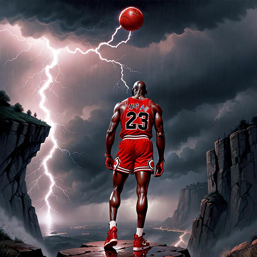  (best quality, masterpiece), (((high detail))), Michael Jordan when you see his back and he's holding a house ball to his waist with his red jersey with number 23 on his back and his red Jordan shoes when he's standing on a cliff and there's lightning and thunder and rain and cool background