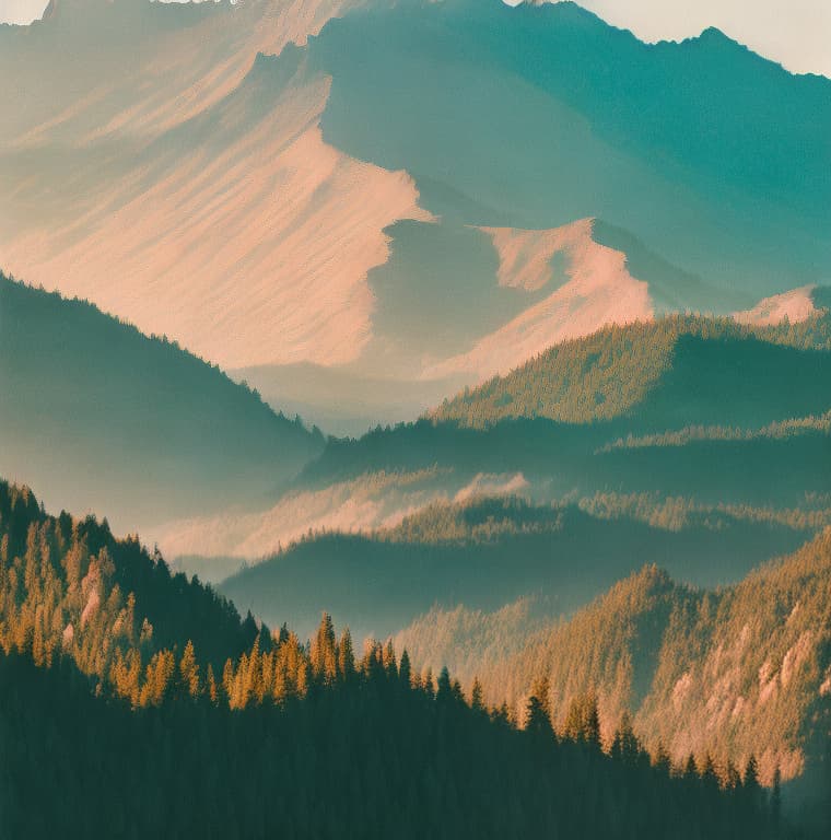 analog style a serene mountain landscape at sunset. 8k digital render.