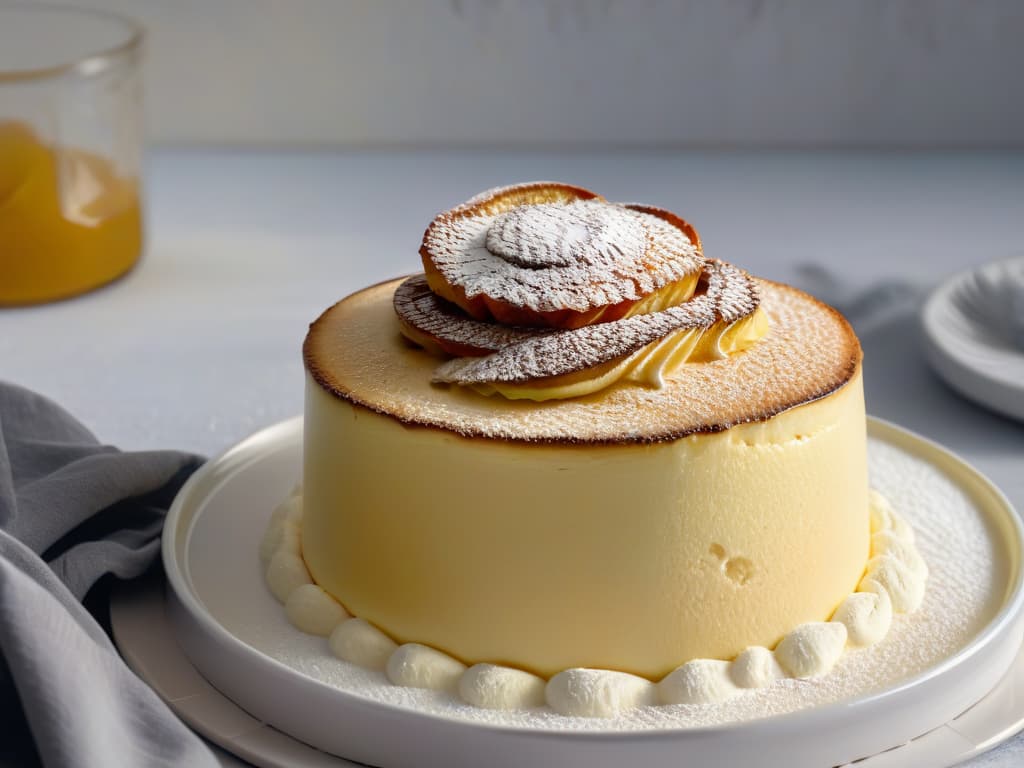  A minimalist, highly detailed image of a fluffy, perfectly golden vegan soufflé rising elegantly in a pristine white ceramic ramekin. The soufflé is delicately dusted with a sprinkle of powdered sugar, and a subtle wisp of steam rises from its airy center, creating a visually striking contrast against the immaculate backdrop. The focus is on the impeccable texture and lightness of the soufflé, highlighting its use of apple cider vinegar to achieve such a flawless rise and spongy, delectable interior. hyperrealistic, full body, detailed clothing, highly detailed, cinematic lighting, stunningly beautiful, intricate, sharp focus, f/1. 8, 85mm, (centered image composition), (professionally color graded), ((bright soft diffused light)), volumetric fog, trending on instagram, trending on tumblr, HDR 4K, 8K