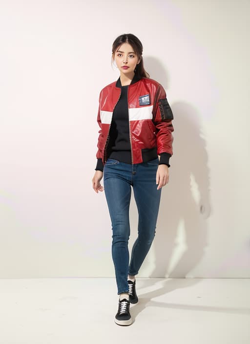  a European woman wear bomber jacket,ADVERTISING PHOTO,high quality,masterpiece