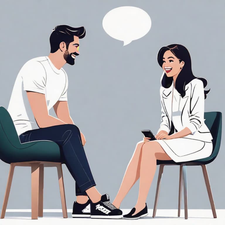  Image style: Realistic
Illustration style: Illustration
Character: A man and a woman
Place: Bright white background
Action: The man is standing on the left side of the screen, and the woman is sitting on the right side. They are chatting and laughing through the chat app on the screen.
Speech Bubble: "Let's get closer through conversation."
Object Decoration: The chat app screen is displayed with vibrant colors.
Facial expression: They are smiling and enjoying the conversation.
Camera Style: Front view
Lighting Style: Soft and warm lighting..
Requirements:highly detailed, (best quality), highres, intricate details, Multi-Layered Textures, masterpiece. hyperrealistic, full body, detailed clothing, highly detailed, cinematic lighting, stunningly beautiful, intricate, sharp focus, f/1. 8, 85mm, (centered image composition), (professionally color graded), ((bright soft diffused light)), volumetric fog, trending on instagram, trending on tumblr, HDR 4K, 8K