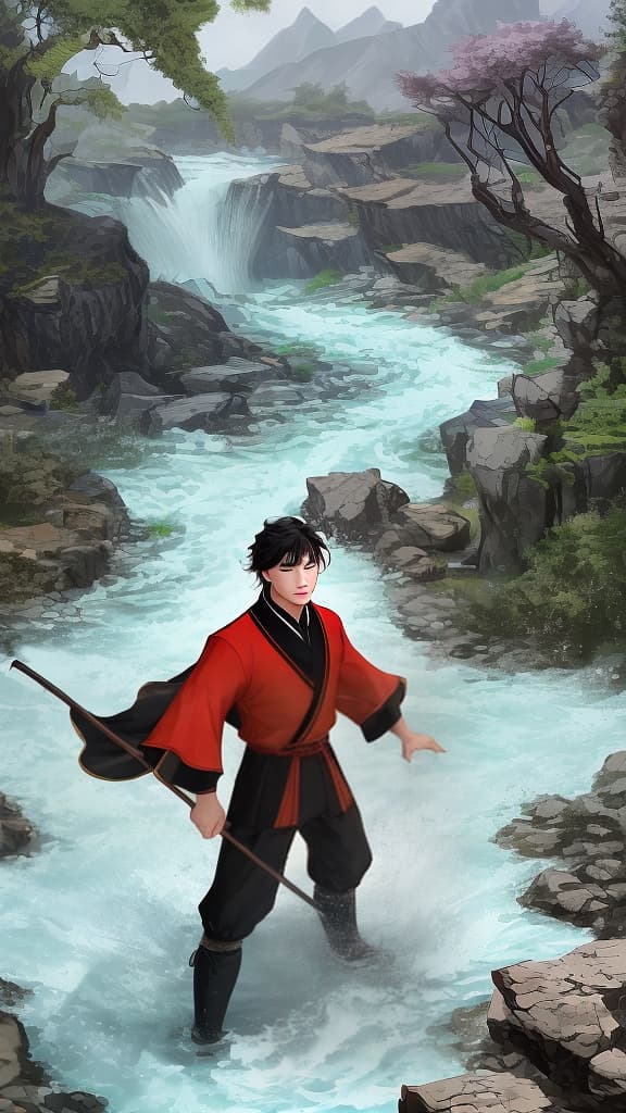  Masterpiece, best quality, Zhou Chu, a fierce and wayward young man, stands by the raging river, ready to face the flood dragon. Water hits rocks, creating a dynamic and dangerous environment. The air is filled with tension and fear as Zhou Chu prepares to face mythical creatures. The scene is depicted in a style reminiscent of Studio Ghibli, and achieving this tip requires a high-quality camera set to capture the movement and instantaneous intensity of the water.