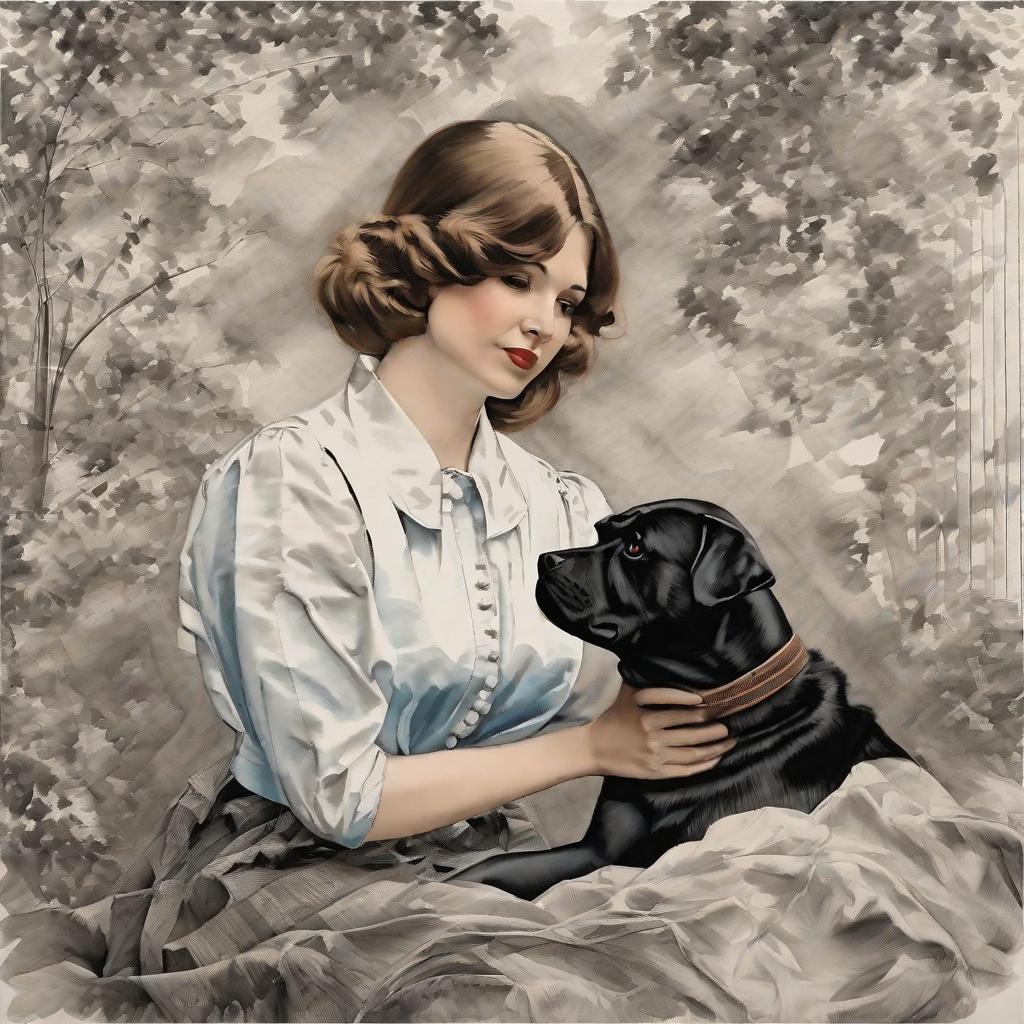  masterpiece, best quality,Woman is kissing with a strong black dog,