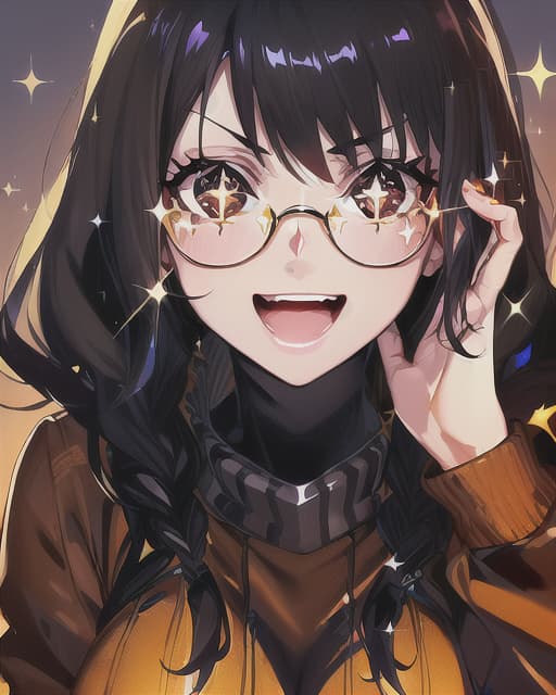  (((SFW))), detailed illustration of a woman, ((((excited)))), ((((sparkly eye lens)))), ((comical)), ((((funny)))),((masterpiece)), highres, absurdres, ultra detailed, HD, 8K, wallpaper, ((jet black hair)), (((double braids))), ((brown eyes)), ((perfect eyes)), prominent pupils, detailed eyes, detailed nose, detailed mouth, detailed hair, (((simple background))), rectangular black glasses with black frame, (large breasts), ((brown sweater)), happy expression, expressive eyes, ((perfect eyes)), (nice hands), simple background, (fine detail), prominent outline, sharp nose, (perfect eyes), expressive eyes, shiny lens, ((HD))