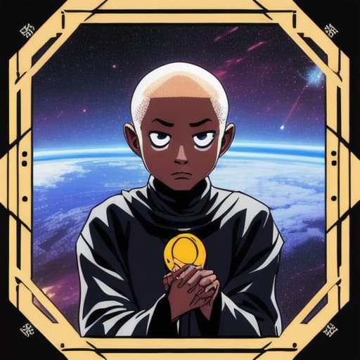  Sad cyber black anime monk in space