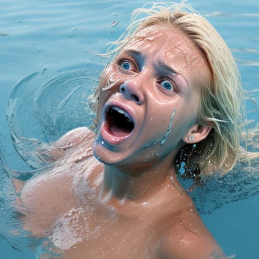  tanned blonde woman's face is above water she drowns she's screaming and panic