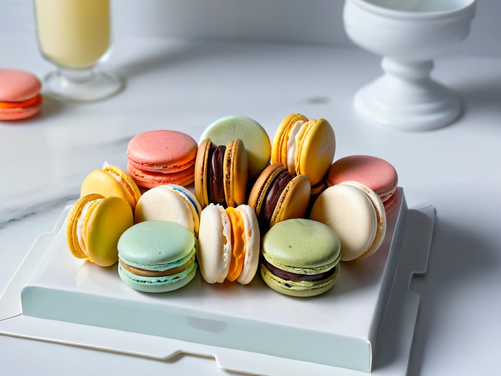  A highresolution, minimalist image split in half vertically, with one side showcasing an array of colorful, delicate macarons in pastel hues, each perfectly shaped and filled, resting on a marble countertop. The other side featuring goldenbrown madeleines, a bit rustic in appearance, arranged artfully on a vintage floral plate, capturing the essence of French pastry elegance and diversity. hyperrealistic, full body, detailed clothing, highly detailed, cinematic lighting, stunningly beautiful, intricate, sharp focus, f/1. 8, 85mm, (centered image composition), (professionally color graded), ((bright soft diffused light)), volumetric fog, trending on instagram, trending on tumblr, HDR 4K, 8K