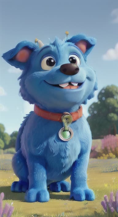  {A happy, big blue dog wagging its tail in a colorful meadow, The big blue dog is large with sky blue fur, big round eyes, a black nose, and floppy ears.