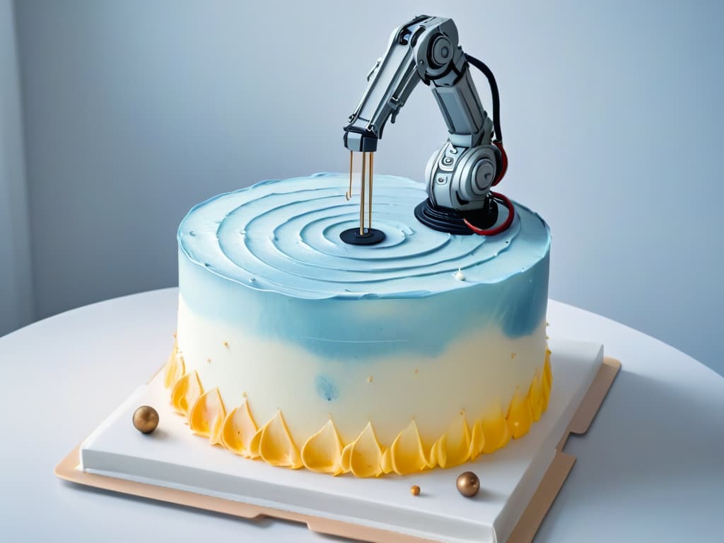  An ultradetailed 8k image of a sleek, futuristic robotic arm delicately piping intricate designs onto a perfectly crafted cake. The metallic arm, illuminated with soft lighting, hovers gracefully over the dessert, showcasing its precision and advanced technology. The cake is a work of art, adorned with intricate swirls and patterns, embodying the seamless integration of robotics and pastry creation. hyperrealistic, full body, detailed clothing, highly detailed, cinematic lighting, stunningly beautiful, intricate, sharp focus, f/1. 8, 85mm, (centered image composition), (professionally color graded), ((bright soft diffused light)), volumetric fog, trending on instagram, trending on tumblr, HDR 4K, 8K