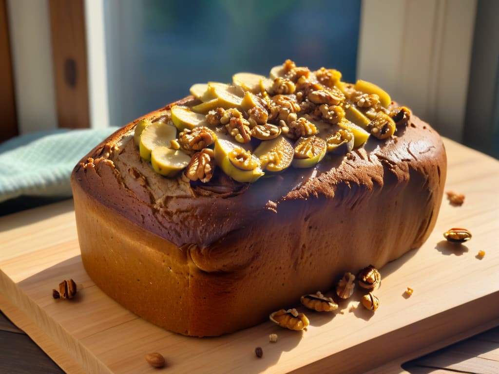  An ultradetailed, photorealistic image of a freshly baked loaf of banana nut bread, still warm from the oven, resting on a rustic wooden cutting board. The bread is perfectly goldenbrown, with visible chunks of caramelized bananas and crunchy walnuts peeking out from the slices. Sunlight filters through a nearby window, casting a warm, inviting glow on the bread and creating a cozy, comforting atmosphere. The wooden board is surrounded by scattered whole bananas, a handful of walnuts, and a few sprigs of fresh mint for a pop of color and freshness. hyperrealistic, full body, detailed clothing, highly detailed, cinematic lighting, stunningly beautiful, intricate, sharp focus, f/1. 8, 85mm, (centered image composition), (professionally color graded), ((bright soft diffused light)), volumetric fog, trending on instagram, trending on tumblr, HDR 4K, 8K