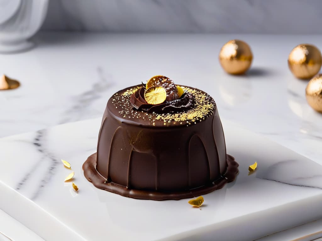  A closeup, ultradetailed image of a decadent chocolate ashwagandha truffle sprinkled with gold flakes, placed delicately on a marble surface. The truffle is perfectly round, with a glossy exterior and a dusting of cocoa powder surrounding it. The gold flakes catch the light, adding a touch of luxury to the image. The marble surface is sleek and clean, emphasizing the minimalistic style of the composition. The overall aesthetic is elegant, inviting, and sophisticated. hyperrealistic, full body, detailed clothing, highly detailed, cinematic lighting, stunningly beautiful, intricate, sharp focus, f/1. 8, 85mm, (centered image composition), (professionally color graded), ((bright soft diffused light)), volumetric fog, trending on instagram, trending on tumblr, HDR 4K, 8K