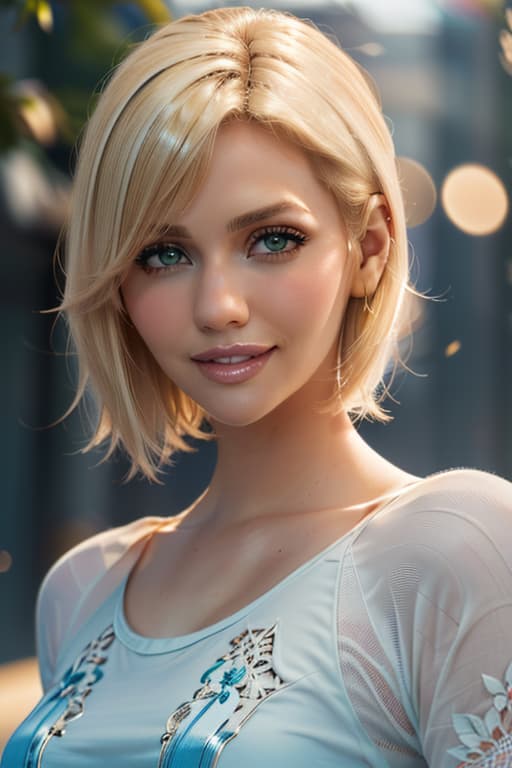  1girl,1girl,blonde short hair,straight hair,upper body shot,shirt,smile hyperrealistic, full body, detailed clothing, highly detailed, cinematic lighting, stunningly beautiful, intricate, sharp focus, f/1. 8, 85mm, (centered image composition), (professionally color graded), ((bright soft diffused light)), volumetric fog, trending on instagram, trending on tumblr, HDR 4K, 8K