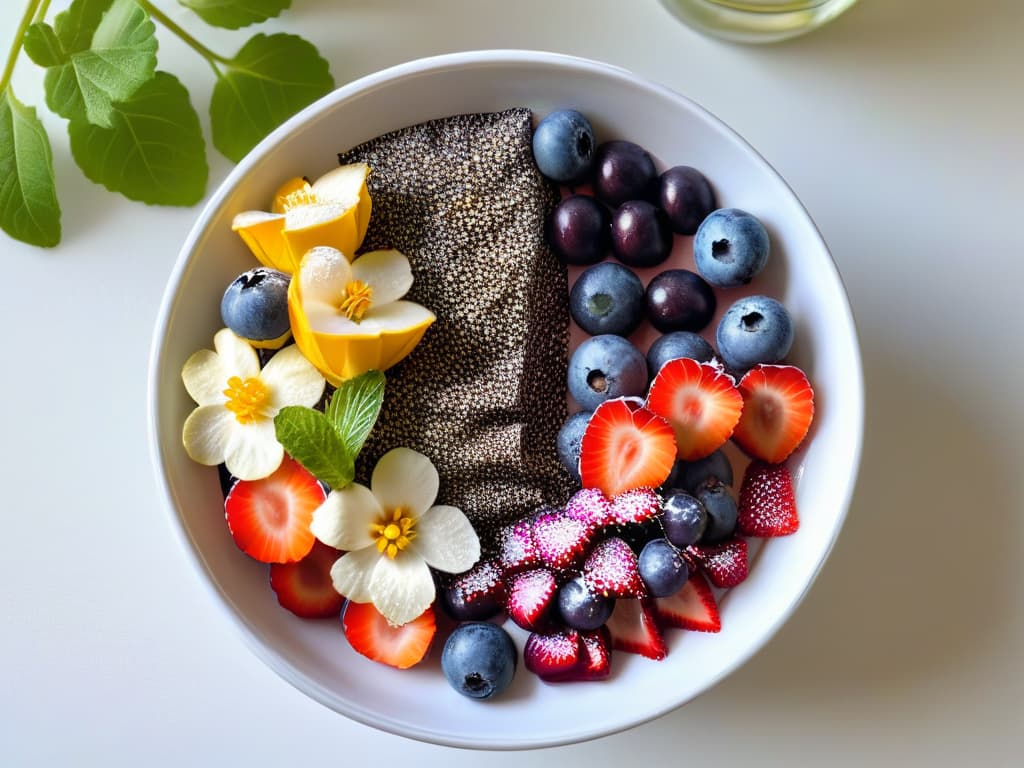  A closeup, photorealistic image of a vibrant and colorful acai bowl topped with fresh berries, chia seeds, and edible flowers, set against a backdrop of lush greenery and sunlight streaming through a window, creating a visually appealing and appetizing scene that embodies the essence of healthy and delicious detox desserts. hyperrealistic, full body, detailed clothing, highly detailed, cinematic lighting, stunningly beautiful, intricate, sharp focus, f/1. 8, 85mm, (centered image composition), (professionally color graded), ((bright soft diffused light)), volumetric fog, trending on instagram, trending on tumblr, HDR 4K, 8K