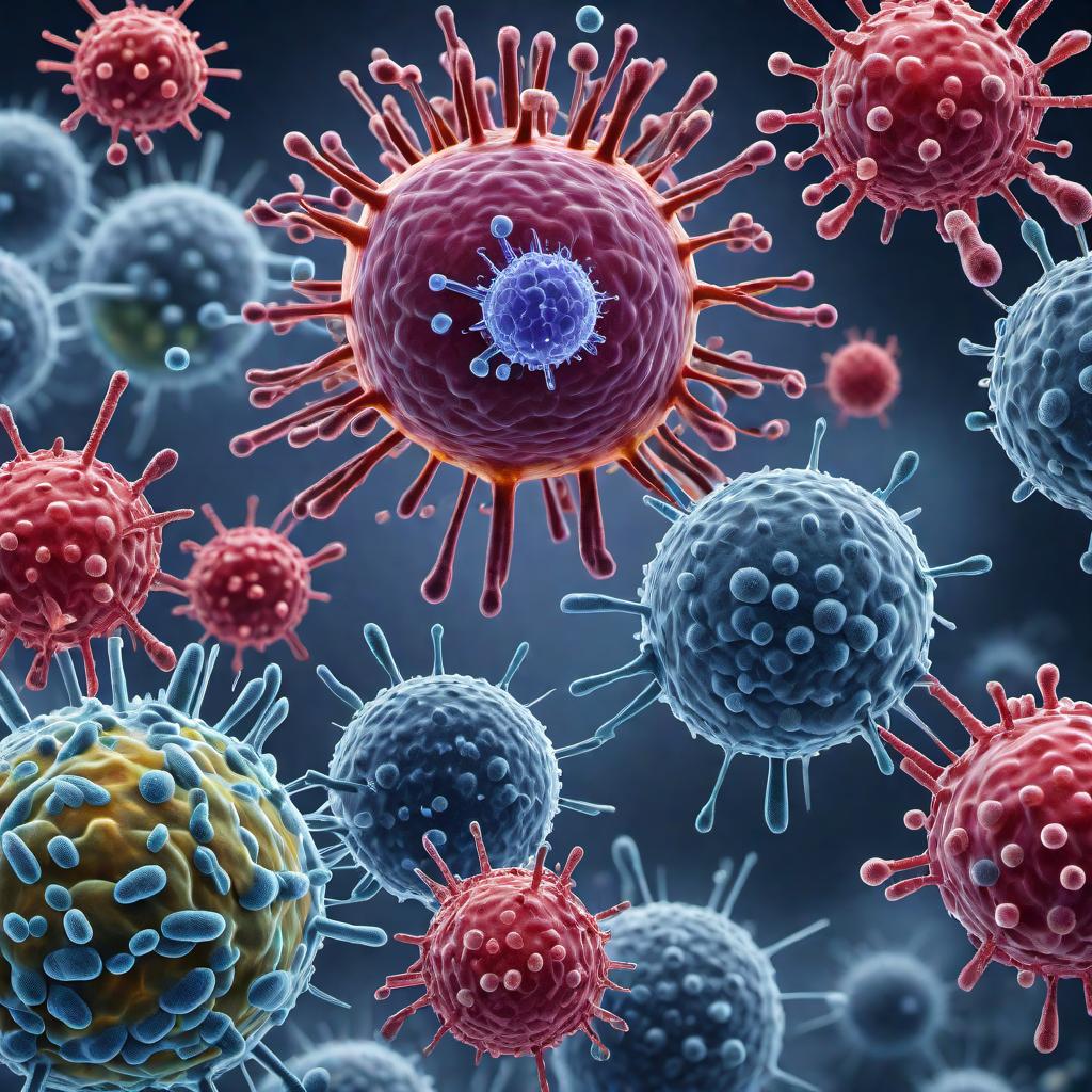  A detailed, full-colour, labelled diagram showing the interaction between specific microbial agents (such as viruses and bacteria) and immune cells, leading to the activation and differentiation of T cells and B cells. The diagram should include: 1. Microbial agents (e.g., viruses, bacteria) 2. Innate immune cells (e.g., macrophages, dendritic cells) 3. Adaptive immune cells (e.g., T cells, B cells) 4. Processes like antigen presentation, T cell activation, B cell activation, and differentiation 5. Relevant signalling molecules like cytokines 6. Activation and differentiation stages of T and B cells 7. Locations where these interactions occur (e.g., lymph nodes, spleen) hyperrealistic, full body, detailed clothing, highly detailed, cinematic lighting, stunningly beautiful, intricate, sharp focus, f/1. 8, 85mm, (centered image composition), (professionally color graded), ((bright soft diffused light)), volumetric fog, trending on instagram, trending on tumblr, HDR 4K, 8K