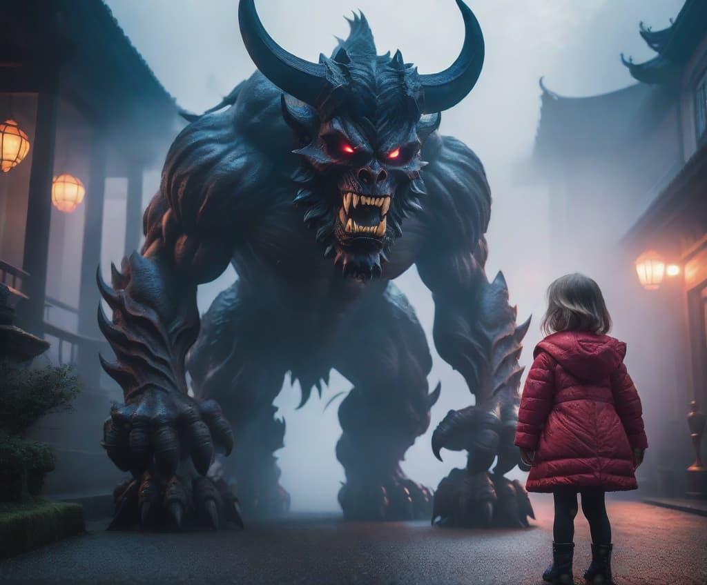  cute little girl next to a big demon hyperrealistic, full body, detailed clothing, highly detailed, cinematic lighting, stunningly beautiful, intricate, sharp focus, f/1. 8, 85mm, (centered image composition), (professionally color graded), ((bright soft diffused light)), volumetric fog, trending on instagram, trending on tumblr, HDR 4K, 8K