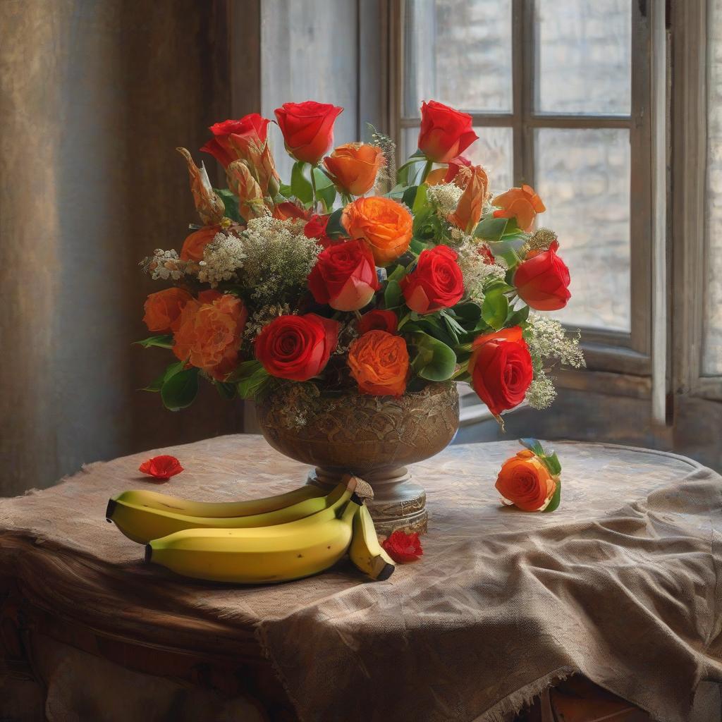  (Banana, orange and pineapple) standing at an antique table, ((next to a vase with red roses)) by the window, still life, Dutch painting from the 17th century, high detailed brushstrokes. hyperrealistic, full body, detailed clothing, highly detailed, cinematic lighting, stunningly beautiful, intricate, sharp focus, f/1. 8, 85mm, (centered image composition), (professionally color graded), ((bright soft diffused light)), volumetric fog, trending on instagram, trending on tumblr, HDR 4K, 8K