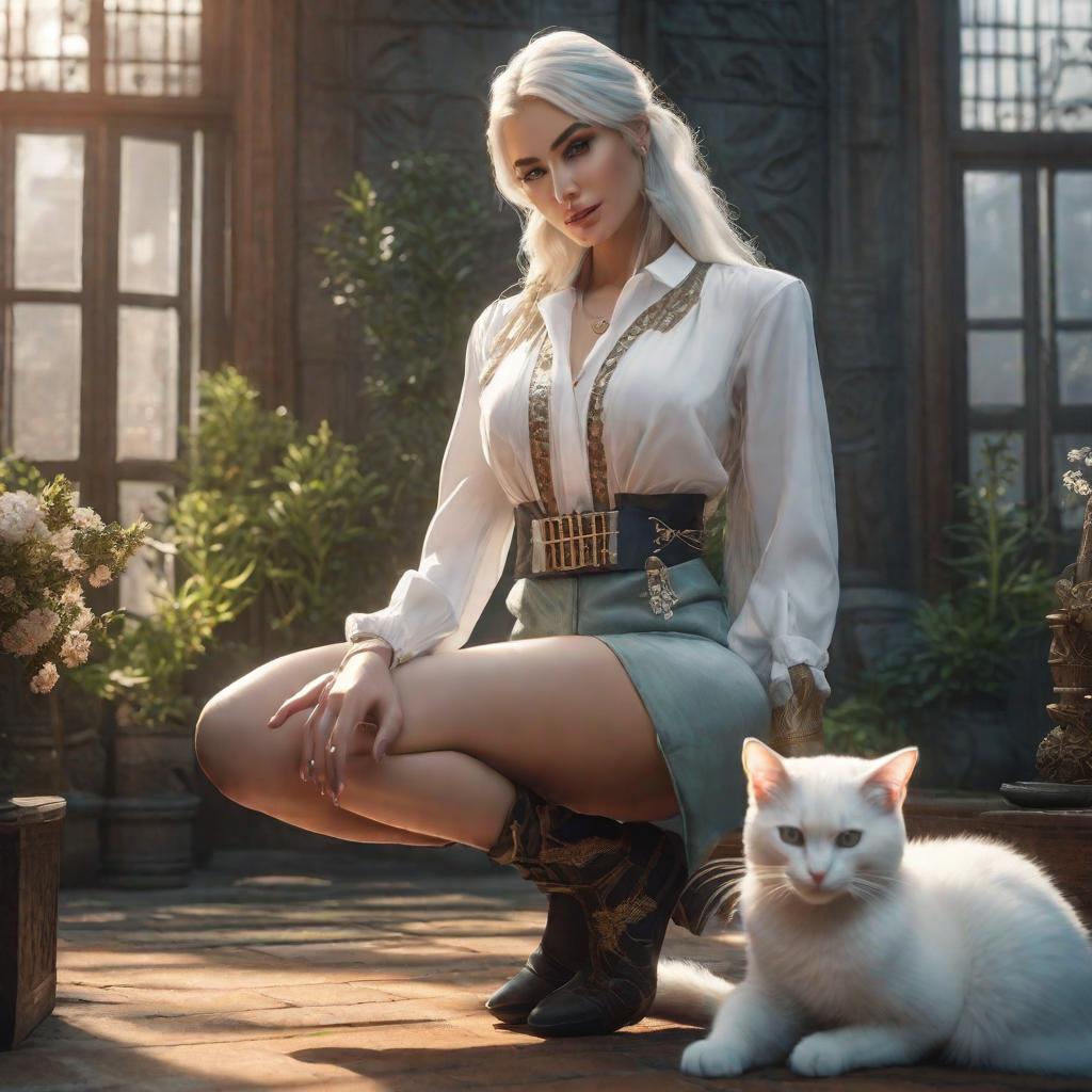  Digital girl with white cat hyperrealistic, full body, detailed clothing, highly detailed, cinematic lighting, stunningly beautiful, intricate, sharp focus, f/1. 8, 85mm, (centered image composition), (professionally color graded), ((bright soft diffused light)), volumetric fog, trending on instagram, trending on tumblr, HDR 4K, 8K