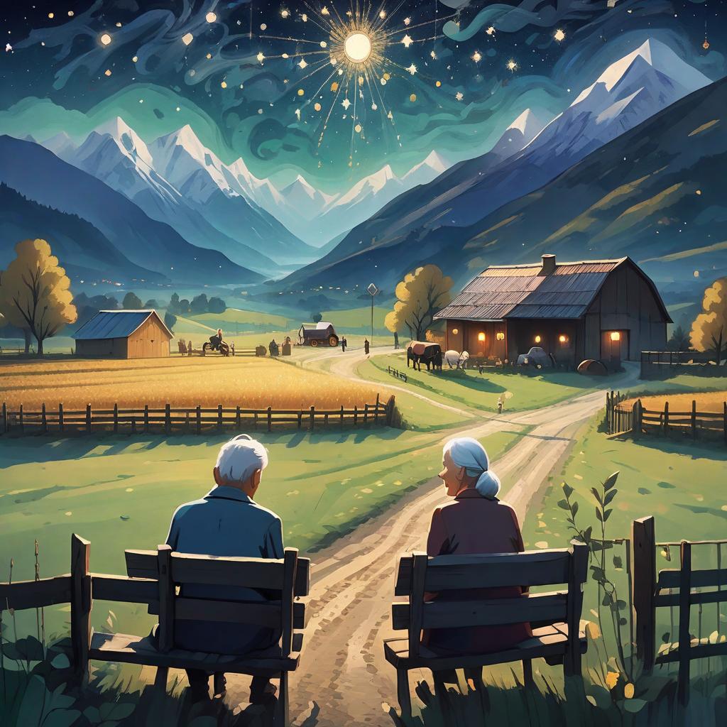  abstract artwork, A pastoral view of a farm and a small bicta and big mountains and night and you see the stars and a beautiful old couple sitting at the entrance of the bicta holding hands