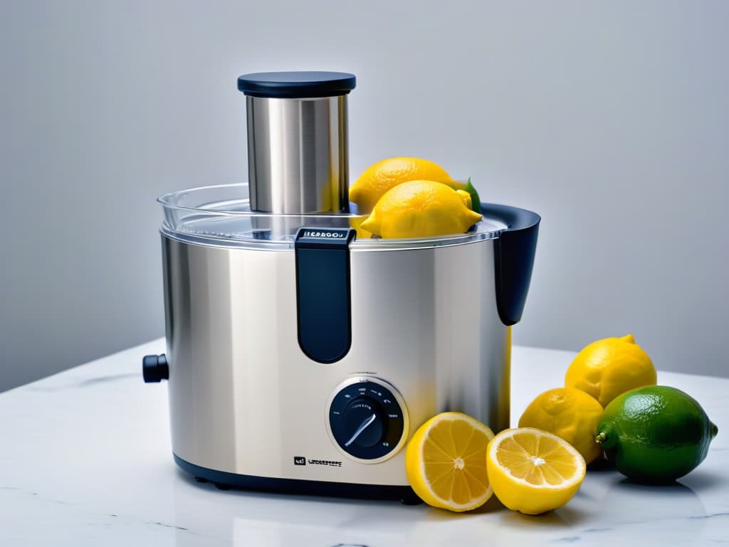  An 8k ultradetailed image of a sleek, silver citrus juicer sitting on a pristine marble countertop, with vibrant lemons and limes arranged neatly next to it. The juicer is catching the light in a way that highlights its modern design, while the citrus fruits glisten with freshness, evoking a sense of culinary inspiration and creativity. hyperrealistic, full body, detailed clothing, highly detailed, cinematic lighting, stunningly beautiful, intricate, sharp focus, f/1. 8, 85mm, (centered image composition), (professionally color graded), ((bright soft diffused light)), volumetric fog, trending on instagram, trending on tumblr, HDR 4K, 8K