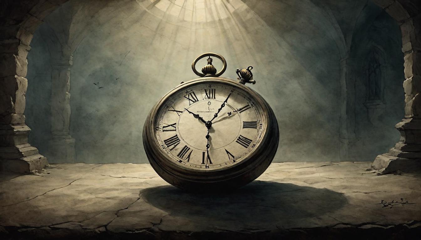  on parchment, surrealism+++, Close up of a clock, ticking hands, darkened room with a single window casting a narrow beam of light, silence and anticipation(mysterious, provocative, symbolic,muted color)+++