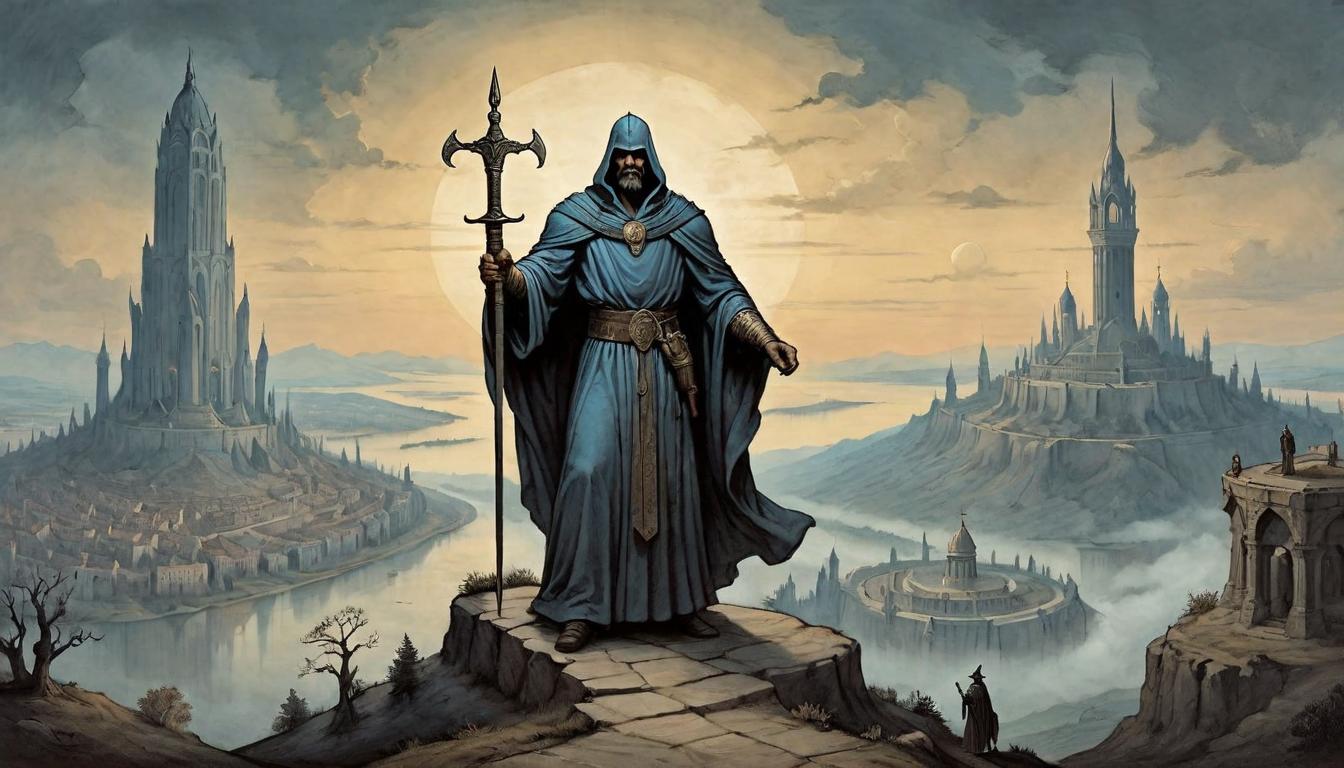  on parchment, surrealism+++, A towering statue of a robed figure, holding a scale balancer in one hand and a sword in the other, atop a hill overlooking a twilight city, pillar of righteousness, guardian(mysterious, provocative, symbolic,muted color)+++