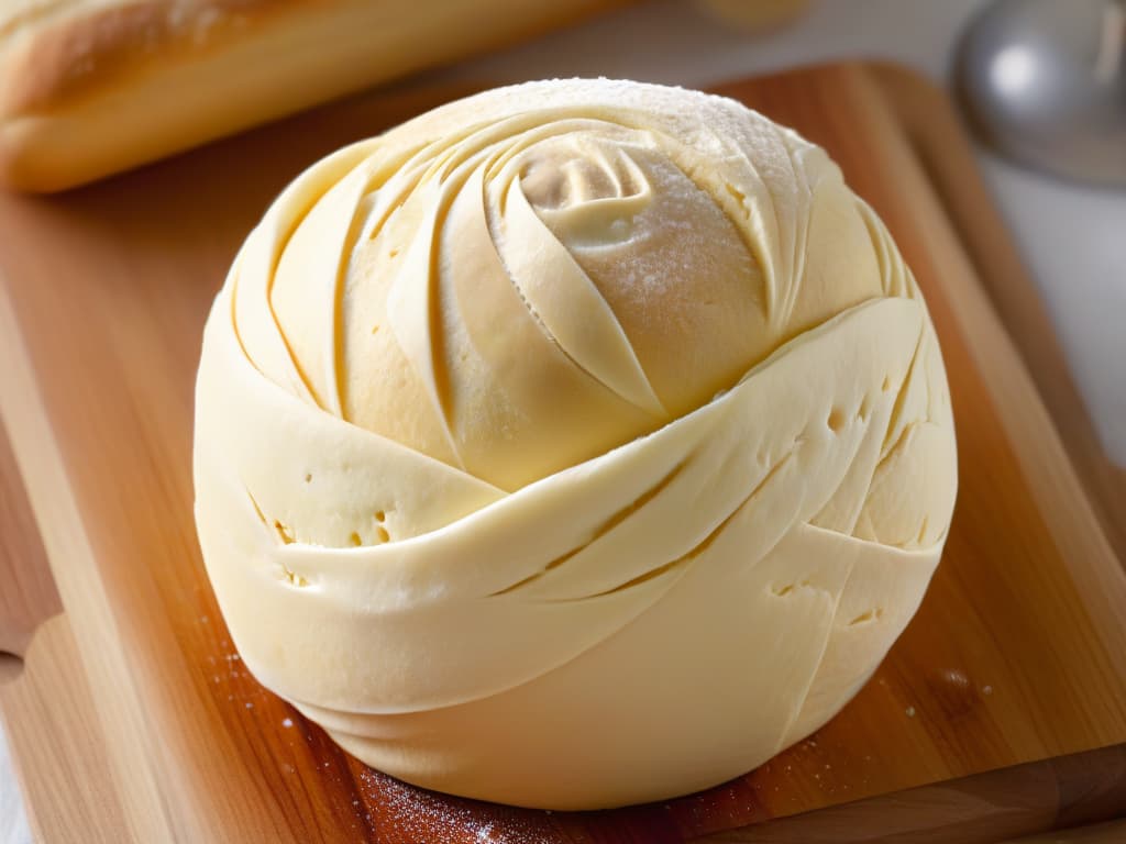  An ultradetailed image of a perfectly kneaded ball of dough, with strands of gluten visibly stretching and intertwining, showcasing the elasticity and quality of gluten in baking. The dough is placed on a lightly floured wooden surface, with soft, natural lighting illuminating the scene to highlight the texture and elasticity of the gluten strands. The minimalistic style emphasizes the beauty and importance of gluten in creating perfect pastries and baked goods. hyperrealistic, full body, detailed clothing, highly detailed, cinematic lighting, stunningly beautiful, intricate, sharp focus, f/1. 8, 85mm, (centered image composition), (professionally color graded), ((bright soft diffused light)), volumetric fog, trending on instagram, trending on tumblr, HDR 4K, 8K