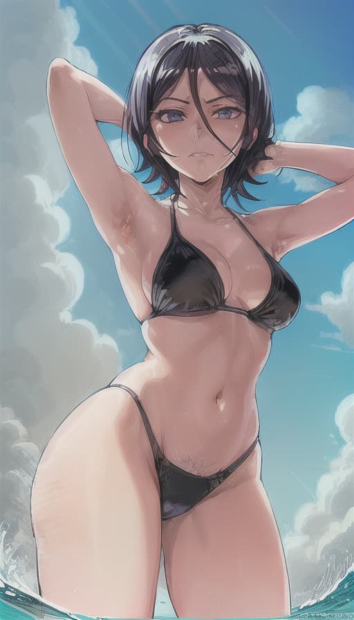  ((((detailed illustration of Rukia Kuchiki from Bleach)))), (((1 woman))), (((solo))), (((single drawing))), (((solo person))), highres, absurdres, (((laughing))), neat teeth, (((hands behind head))), exposed armpits, (((((armpit hair))))), (small breasts), (short black hair), fine detail, (((masterpiece))), looking at viewer, full body, (((from below))), ((happy expression)), (((day at the beach))), (violet eyes), ((perfect eyes)), ((beautiful eyes)), ((((highly detailed eyes)))), shiny lens, best anatomy, ((nice hands)), best quality, sunshine, tropcal background, (orange bikini), nice hands, detailed facial expressions, detailed nose, detailed hair, detailed mouth, professional art style, ((expressive eyes)), high resolution, high qualit