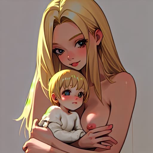  Young woman, blonde hair, nudity, cradling infant