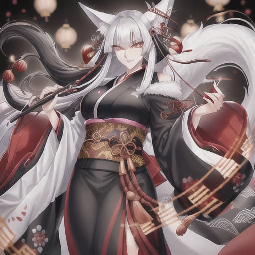  old fox lady, black-white hair, Japanese outfits, age 30 old, big red needle in hands, self-confident look