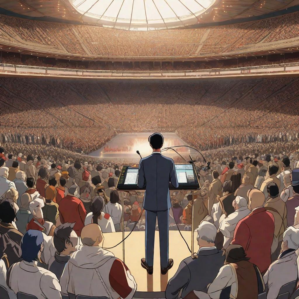  A broadcaster holds a microphone in the middle of a large arena surrounded by fans., anime concept art by Hayao Miyazaki, featured on pixiv, fantasy art, concept art, official art, high detailed hyperrealistic, full body, detailed clothing, highly detailed, cinematic lighting, stunningly beautiful, intricate, sharp focus, f/1. 8, 85mm, (centered image composition), (professionally color graded), ((bright soft diffused light)), volumetric fog, trending on instagram, trending on tumblr, HDR 4K, 8K